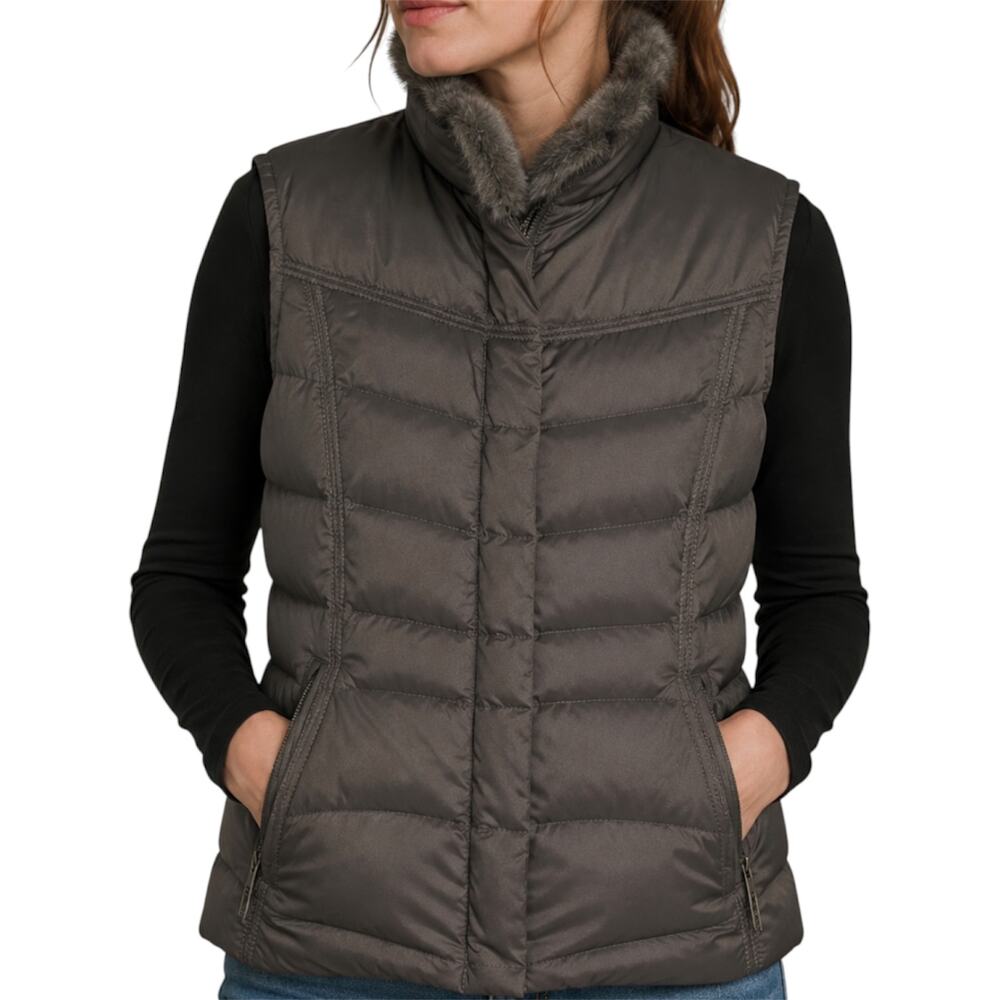 Eddie Bauer Down Puffer Vest Goose Down Full Zip Brown Fur Lined Small